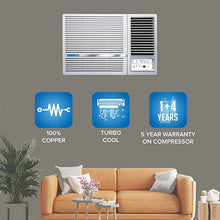Load image into Gallery viewer, Blue Star 1 Ton 3 Star Fixed Speed Window AC (Copper, Turbo Cool, Humidity Control, Fan Modes-Auto/High/Medium/Low, Hydrophilic Blue Fins, Dust Filters, Self-Diagnosis, 2023 Model, WFB312LN, White)