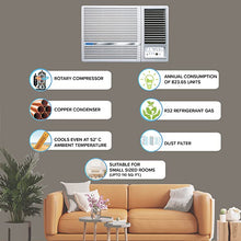 Load image into Gallery viewer, Blue Star 1 Ton 3 Star Fixed Speed Window AC (Copper, Turbo Cool, Humidity Control, Fan Modes-Auto/High/Medium/Low, Hydrophilic Blue Fins, Dust Filters, Self-Diagnosis, 2023 Model, WFB312LN, White)
